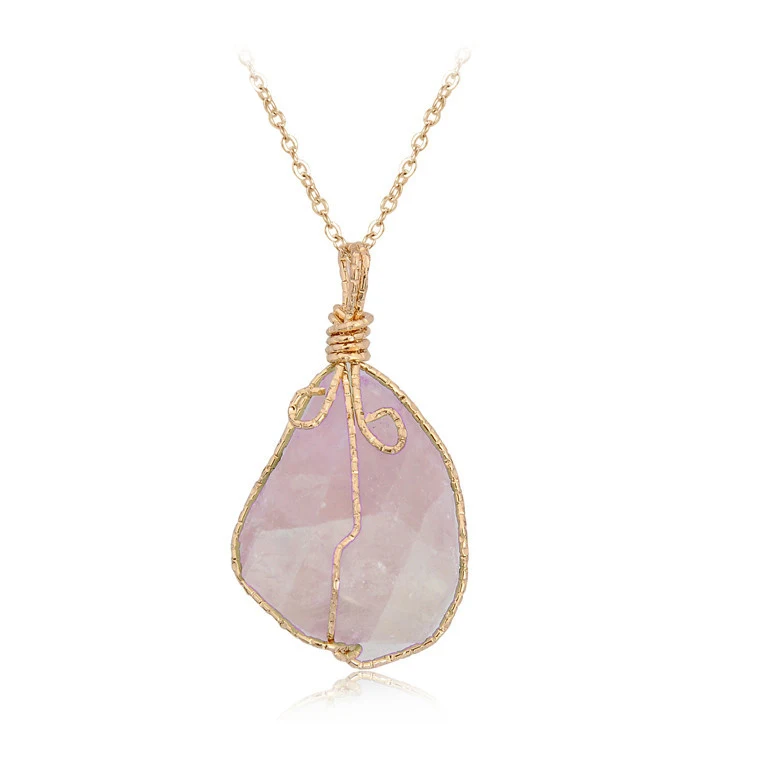 Wholesale Irregular Gemstone Natural Stone Crystals Healing Stones Wire Wrap Rock Raw Clear Rose Quartz Pendant Necklace Jewelry