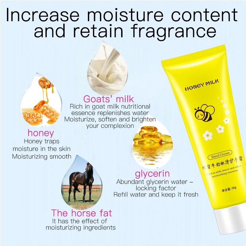 
Hand Cream Honey Milk Moisturizes Hands Skin Nourishes Anti-Dry Peeling hand+cream whitening Cosmetics manufacturers process OEM 
