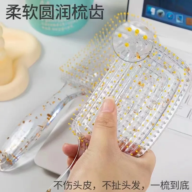 Personalized Minimalist Hairdressing Comb Transparent Hot Comb Glittering Powder Hollow Rib Elastic Nylon Metal Bristle Custom