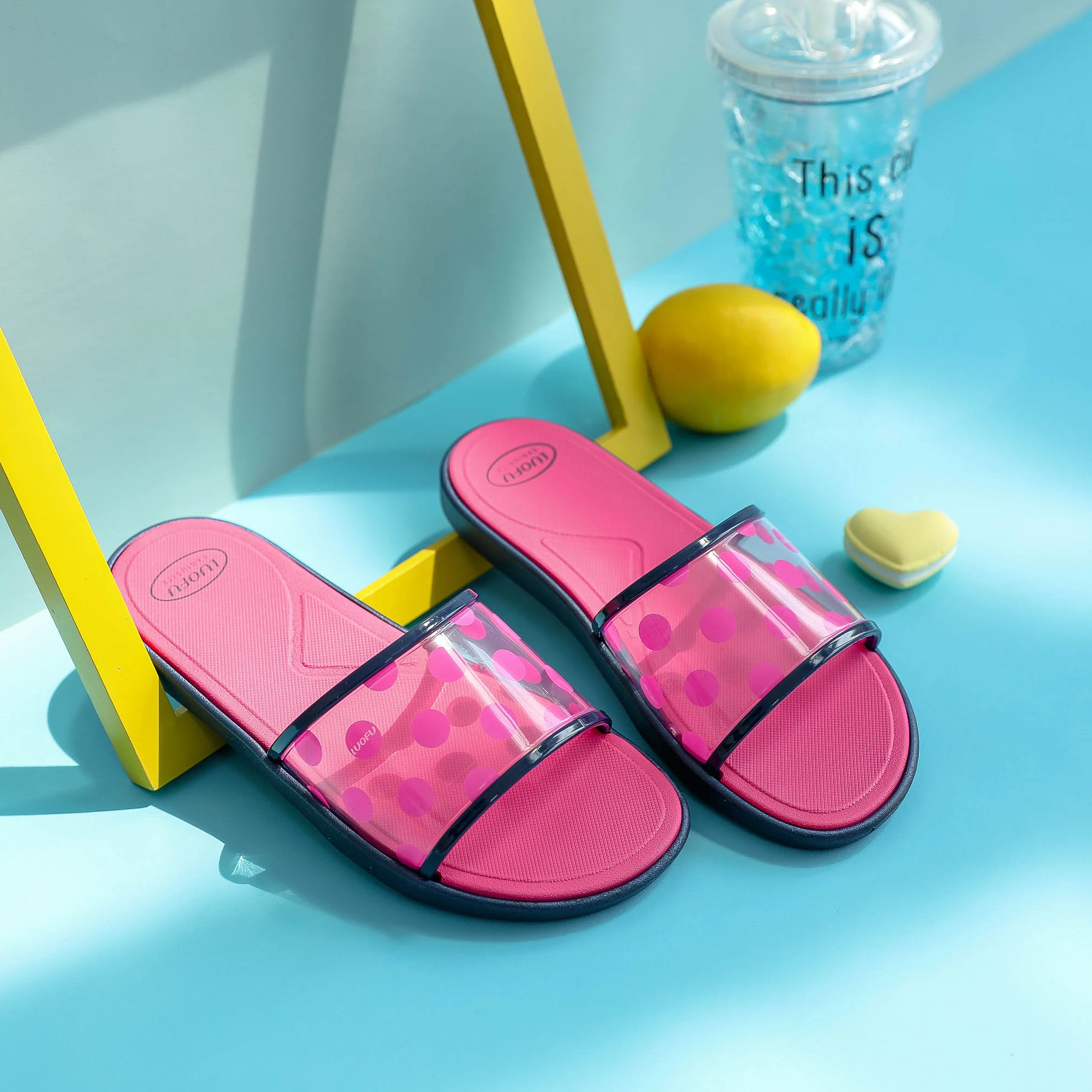 luofu 2021 New fashion Wave point transparent pvc women  slides slippers