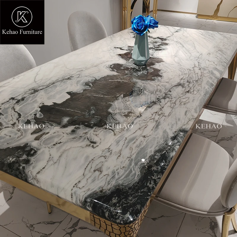 Luxury Unique Design Stainless Steel Dining Tables And Chairs Marble Rectangular Modern Dining Table Set