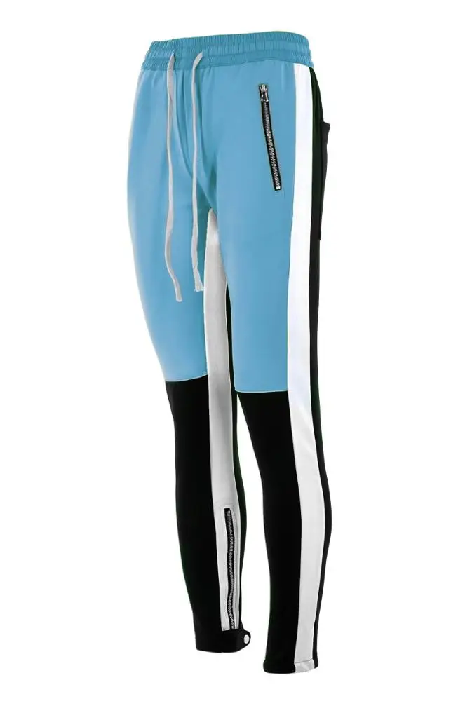 
long drawstring elastic rib waist color block custom men jogger side stripe design track pants 