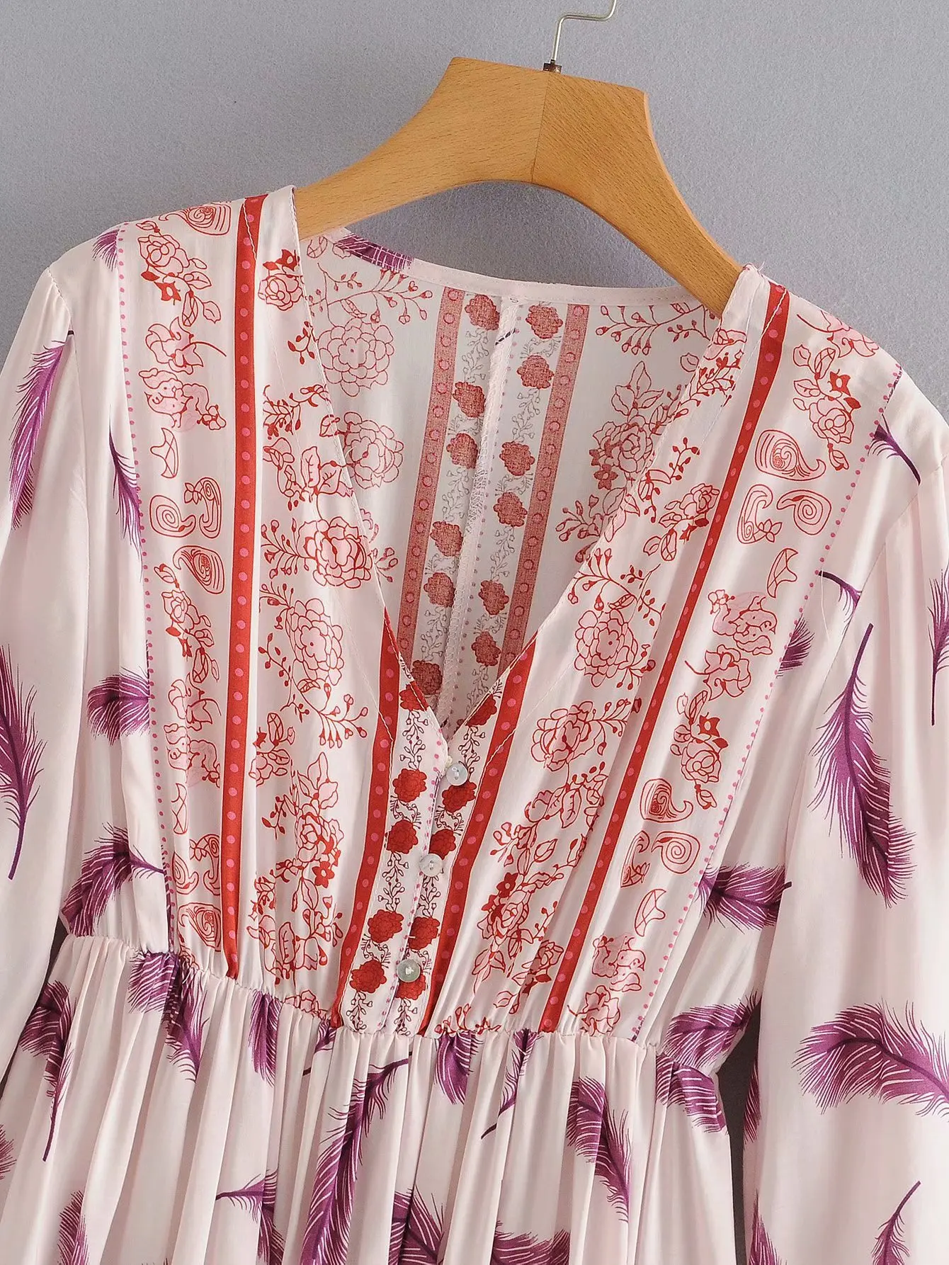 Summer New Bohemian Feather Floral printed Women Casual Dress Lady Holiday Style V-neck Button Long Sleeves Short Midi Dress