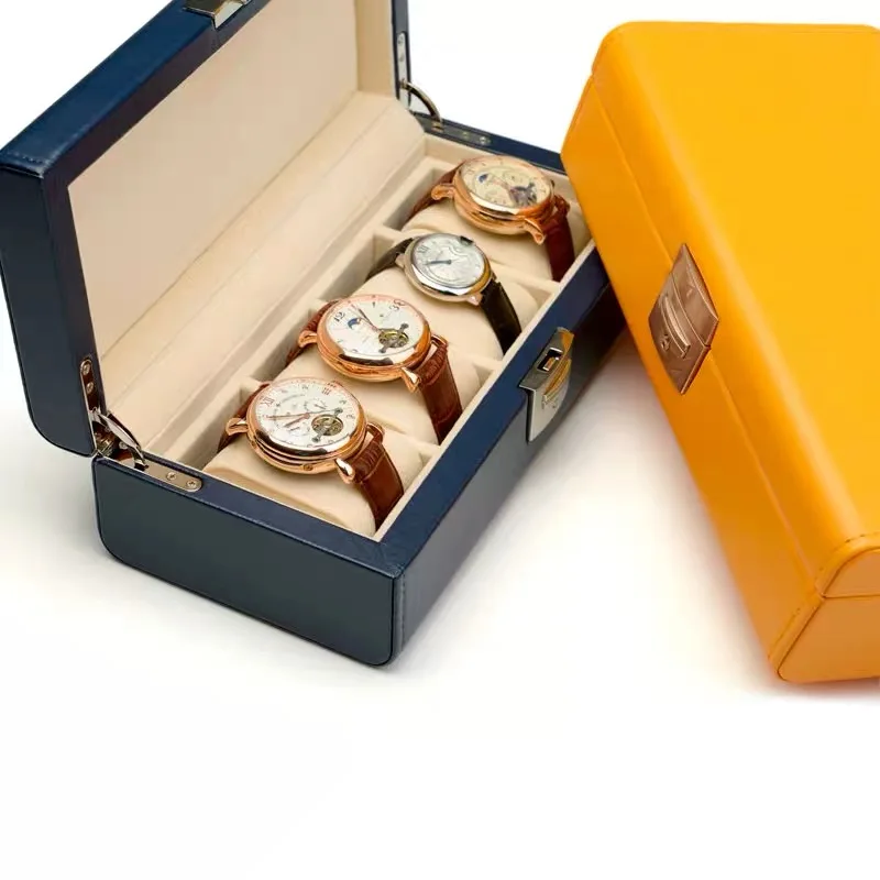 
Top selling Luxury Watch Case Storage box Navy Blue and Yellow Pu leather with velvet insert for 4 watches jewelry Watch Case 