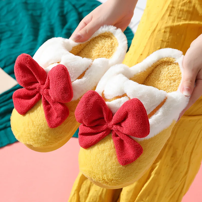 Warm Winter  women Home Slippers Indoor Funny Plush ladies Slides Casual Cute  Soft cartoon girl Floor bowknot cotton slippers