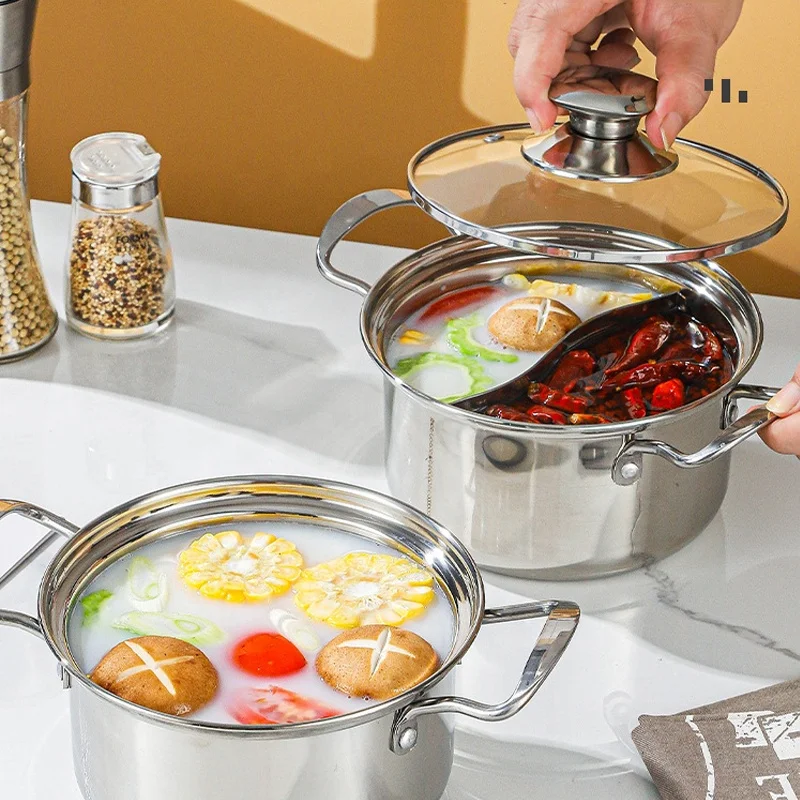 New Arrival multisize 304 Stainless Steel Soup Pot Reman Double-flavor Hot Pot With Glass Lid