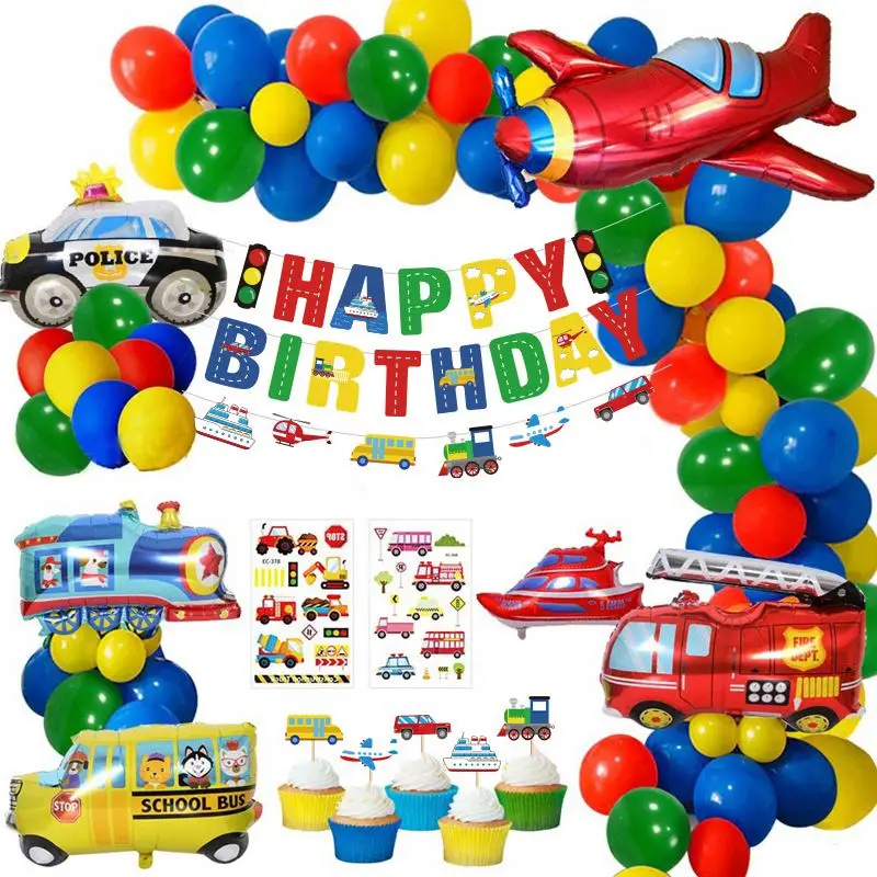 2021 hot sale Car Theme Party Decoration Airplane Ship Banner Aluminum Film Balloon Children Birthday Set