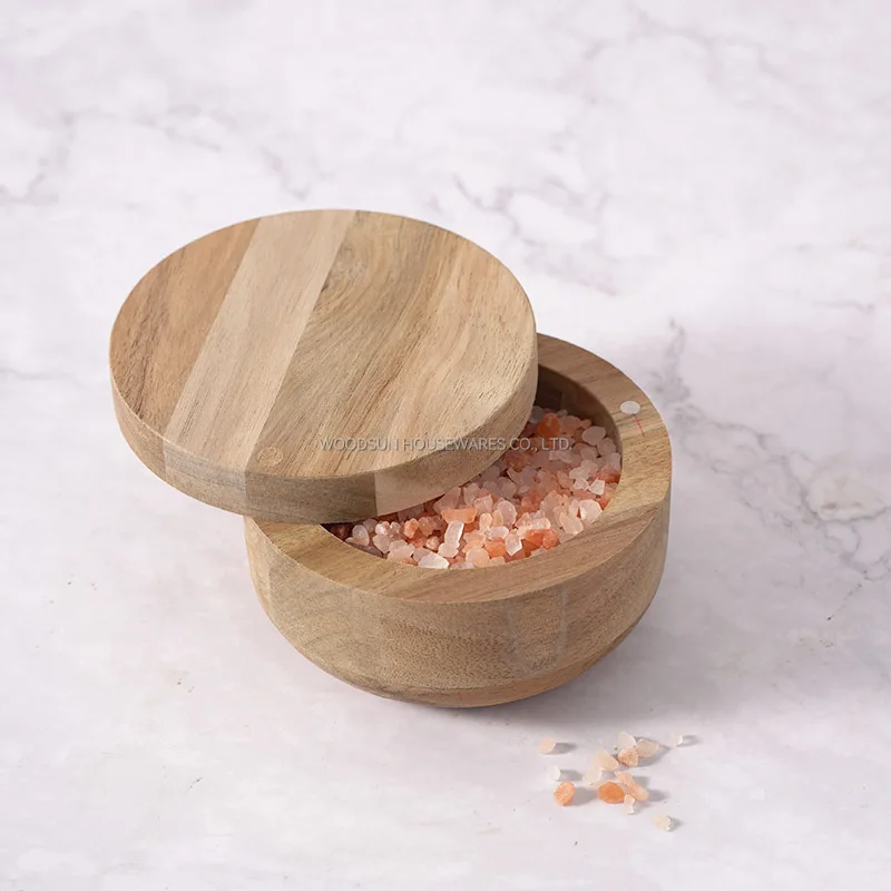 Woodsun Magnetic Swivel Lid Salt And Pepper Box Round Wooden Salt Box
