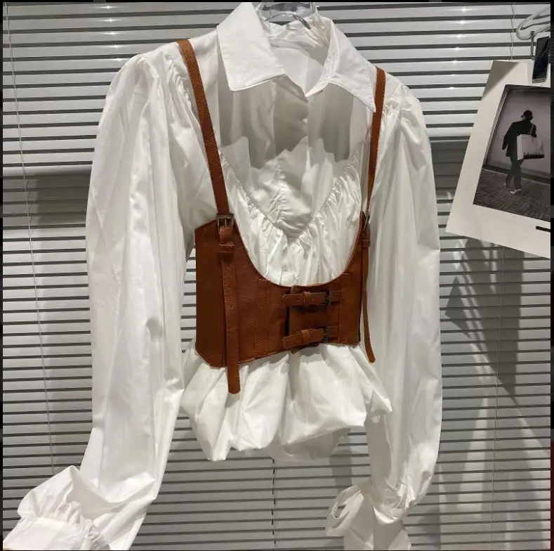 High Quality Wholesale Autumn New Design PU Corset Vest Shirt High Waist Sling Camisole Bow Cuff Shirt Two-Piece Blouse Set