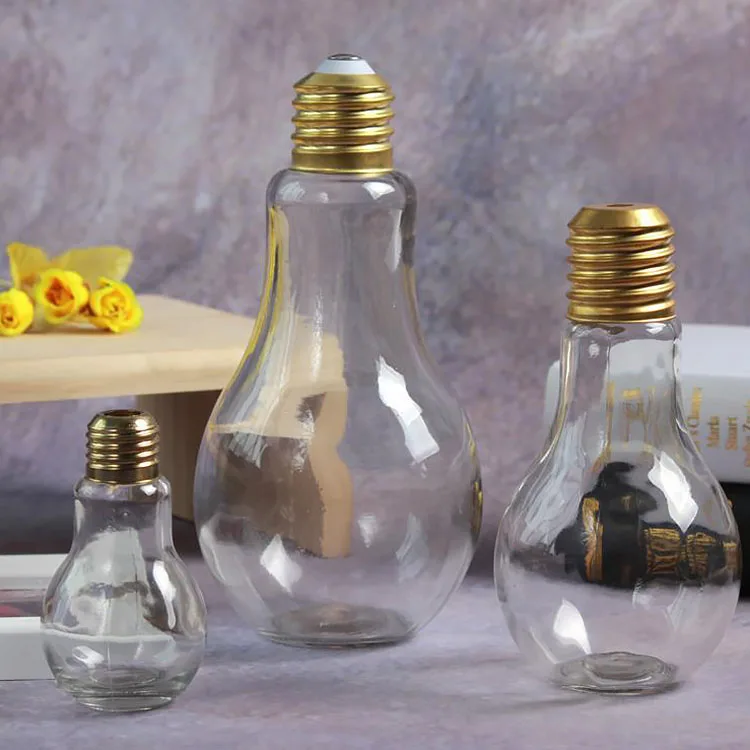 wholesale empty Light Bulb bottle Glass Beverage Tea Water Drink Bottle For Home Coffee Decor Gift