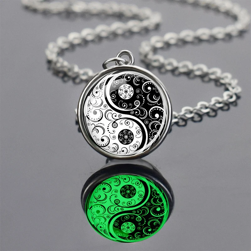 Glowing Yin Yang Glass Ball Pendant Women Cute Crystal Silver Jewelry Yin Yang Necklace