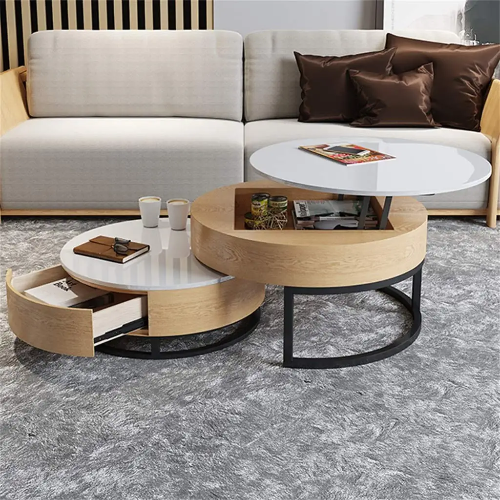 Living Room Furniture 2 Pieces Nesting Wooden Unique Modern Design Luxury Round Top Metal Frame Coffee Table Set