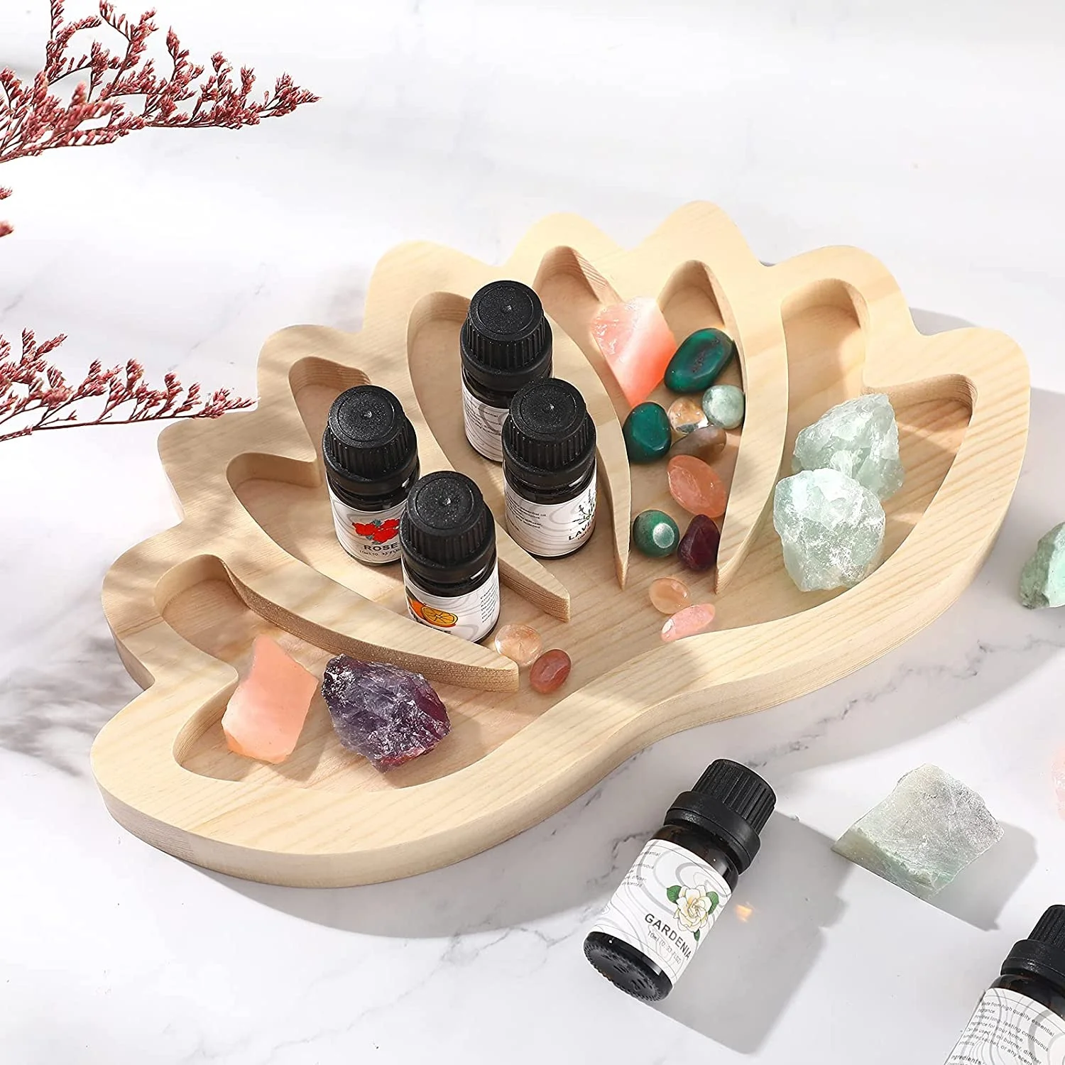 Lotus Mandala Healing Crystal Tray Wooden Rocks stones holder essential oil bottle storage Organizer wooden tray for display