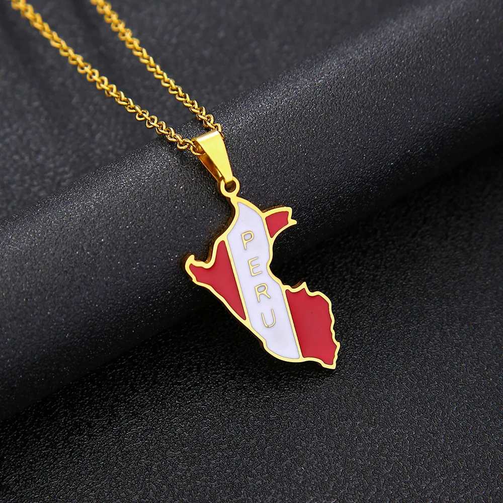 Fashion Popular Gift Stainless Steel Gold Plated Enamel South America Country Peru Map Shape Pendant Jewelry Necklace