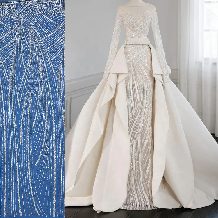 Customized Luxury Style Beaded Embroidery Sequin Bridal Pearl Embroidered Lace Mesh Guipure For Wedding Dress Tulle Fabric