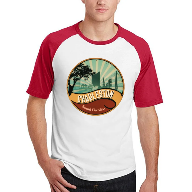 
Charleston City Skyline South Carolina Retro Vintage Design 80s Men t-shirts t shirts tshirts Yellow safety Love Buy Red & white 