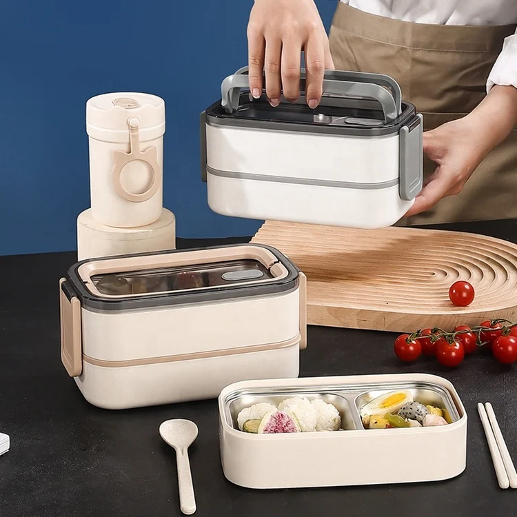 Factory Hot Selling Cream White Food Grade Stainless Steel 304 Portable Food Container 1400ml Double-layer Bento Lunch Box