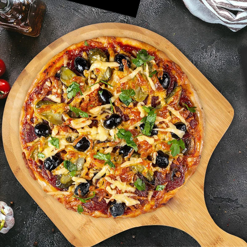
Bamboo Pizza Peel Set with Black Ceramic Pizza Stone Pan & Pizza Cutter 