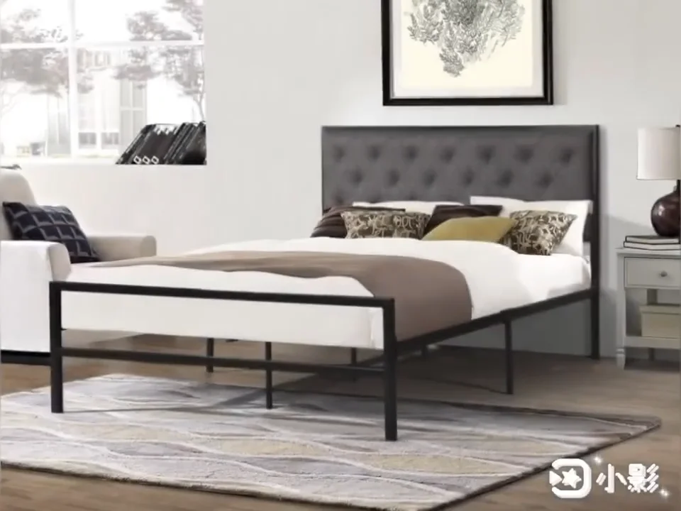 Metal Single Bed Frame with Faux Leather Headboards