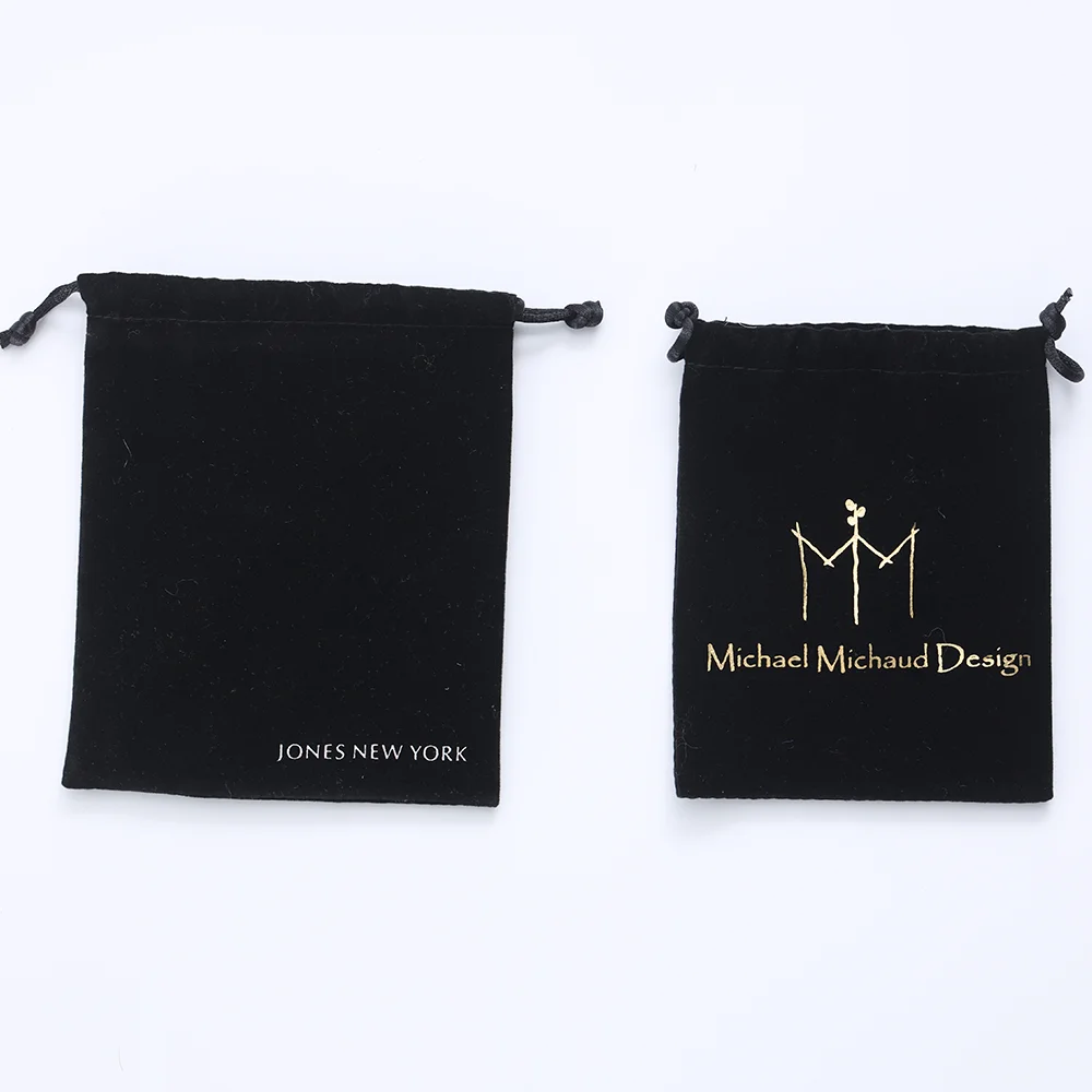 Hot Sale Wholesale Bronzing Logo Small Storage Bag Black Gift Jewelry Velvet Drawstring Pouch
