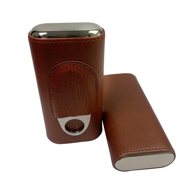 Custom Logo Cigar Boxes barrel Portable Pocket Cigar Travel Humidor Cabinet Luxury Leather Cigar Case with Cutter