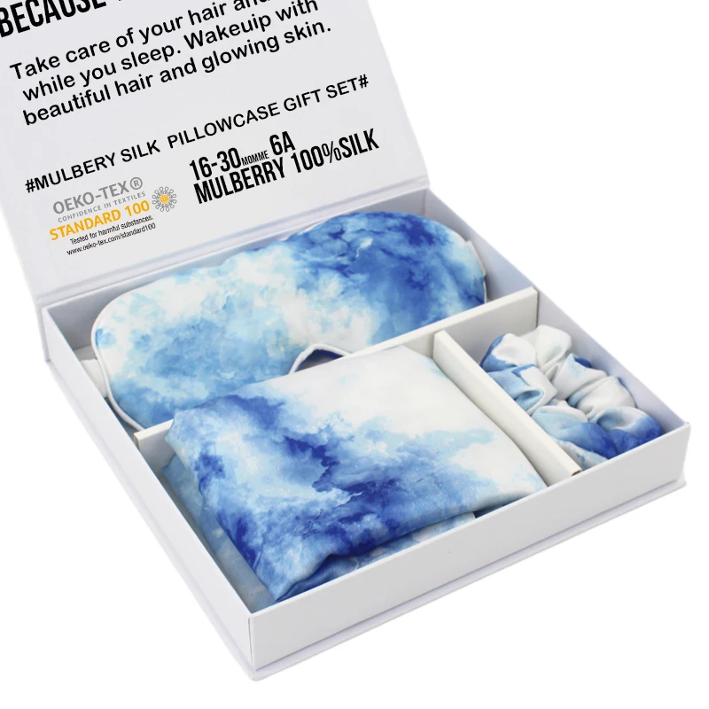 Luxury Wholesale Custom 100% Pure Mulberry 6A Grade Oeko Tex Eye Mask Scrunchies Printed Silk Pillow Case Gift Set