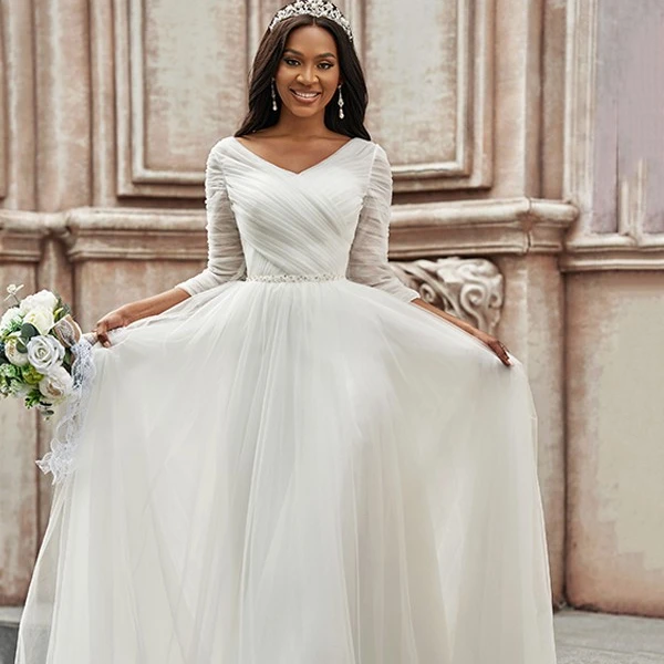 Трапециевидный/принцесса с рюшами сердечком Тюль 3/4 рукава со шлейфом Свадебные платья