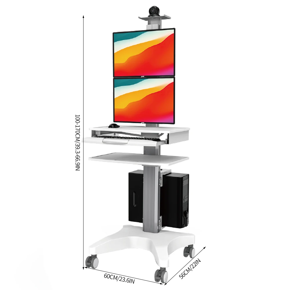 Height Adjustable Mobile Cart Medical Computer Cart Lifting medical trolley with 2 Monitor Mounts Office School Laboratory