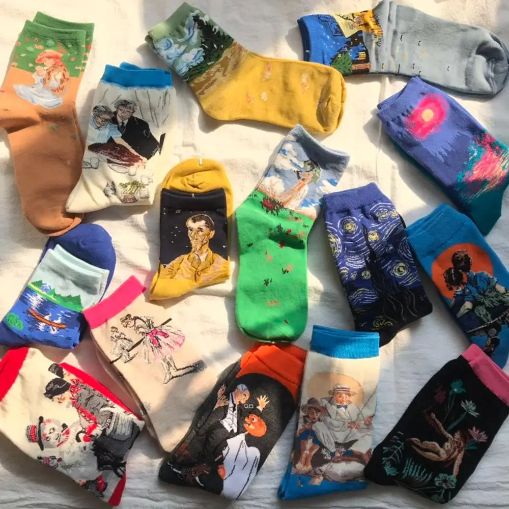 2020 New Art High Quality Stock Ready To Ship Oil Painting Starry Sky Colorful 100% Cotton Men Women Unisex Socks