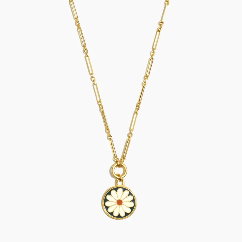 Simple INS daisy flower necklace retro enamel pendant white bamboo fashion jewelry gold plated for women