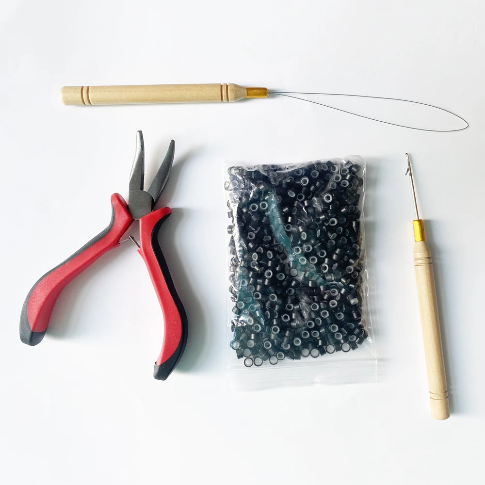 Hair Extension Tool Kit Lace Remove Pliers Pulling Hook 200 PCS Micro Silicone Rings Bead Device Tool Kits for Hair Styling