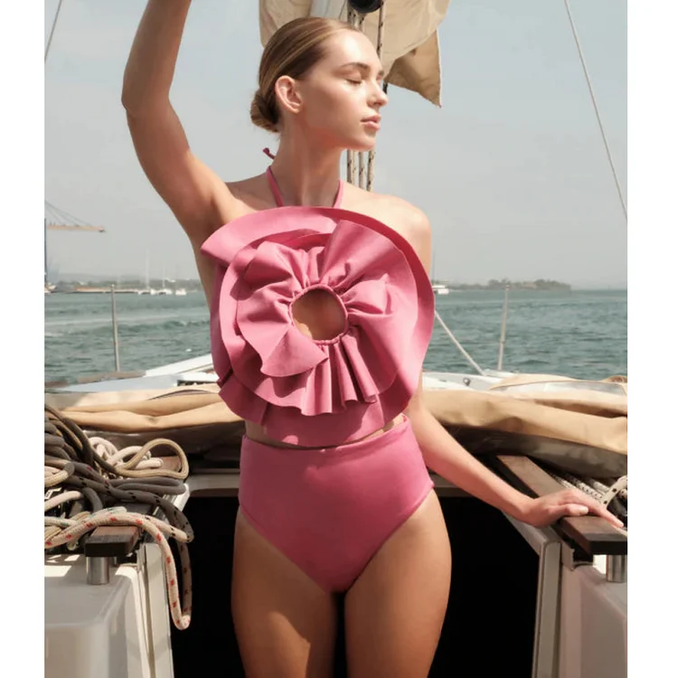 Custom Fabric Swimwear 3D Pink Flower Bikini Swimsuit and Skirt for Women Private Logo Label Tag Package Bathing Suit OEM ODM