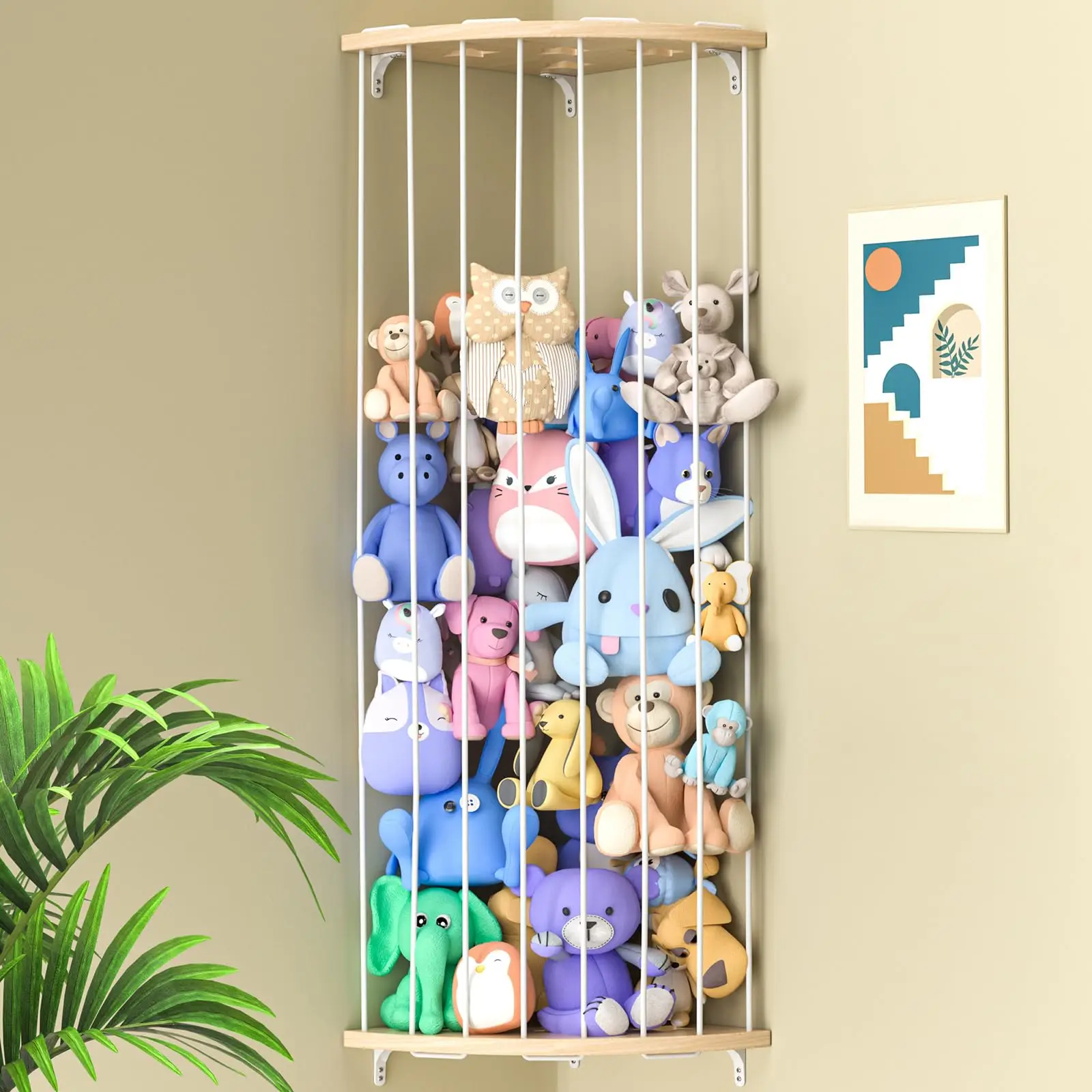 Stuffed Animal Storage Wood Corner Toys Holder for Nursery Play Room Bedroom Kids Room Furniture Stuffed Animal Organizer Shelf