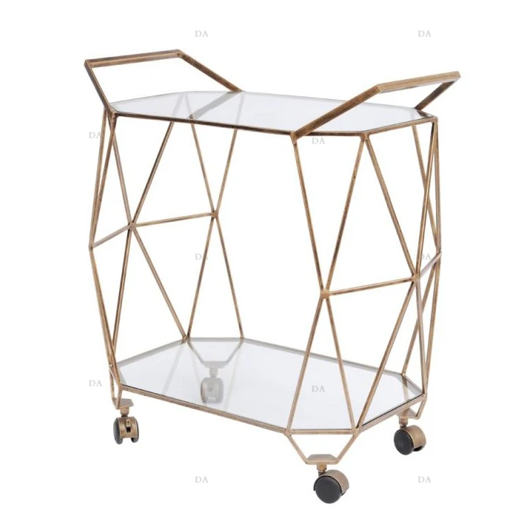 Hotel Restaurant Decorative Metal Bar Trolly 2 Tier Golden Metal Bar Cart Wine Serving Hotel Kitchen Moving Trolly with Wheel