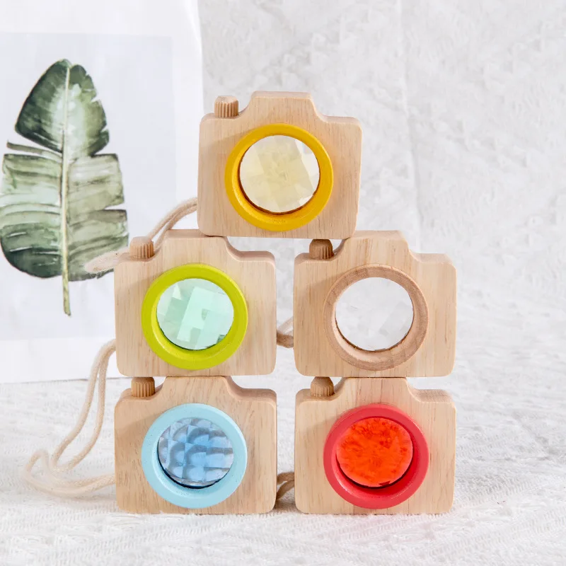 Children Wooden Cartoon Kaleidoscope Camera Toys Montessori Educational Multi- Prism Wooden Toys