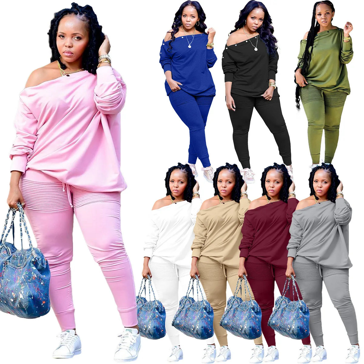 Think 2022 Fall Clothing For Women Plus Size One Off The Shoulder Top Stacked Pants Casual Two Piece Pants Set