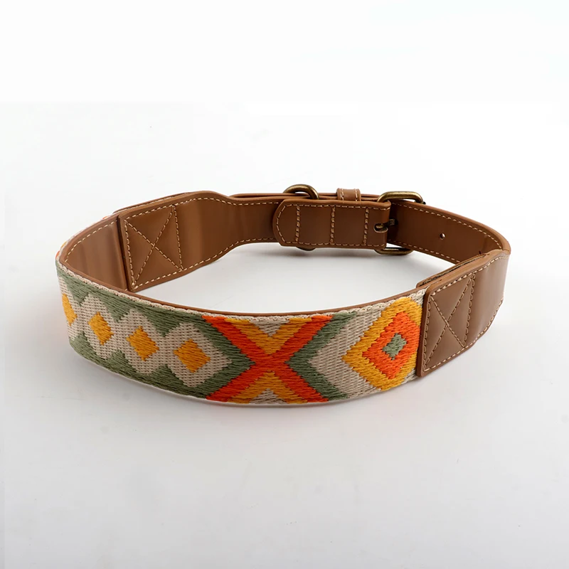 Luxury Durable Genuine Leather Jacquard Nylon Material Dog Collar And Leash Set With Bronze Buckle