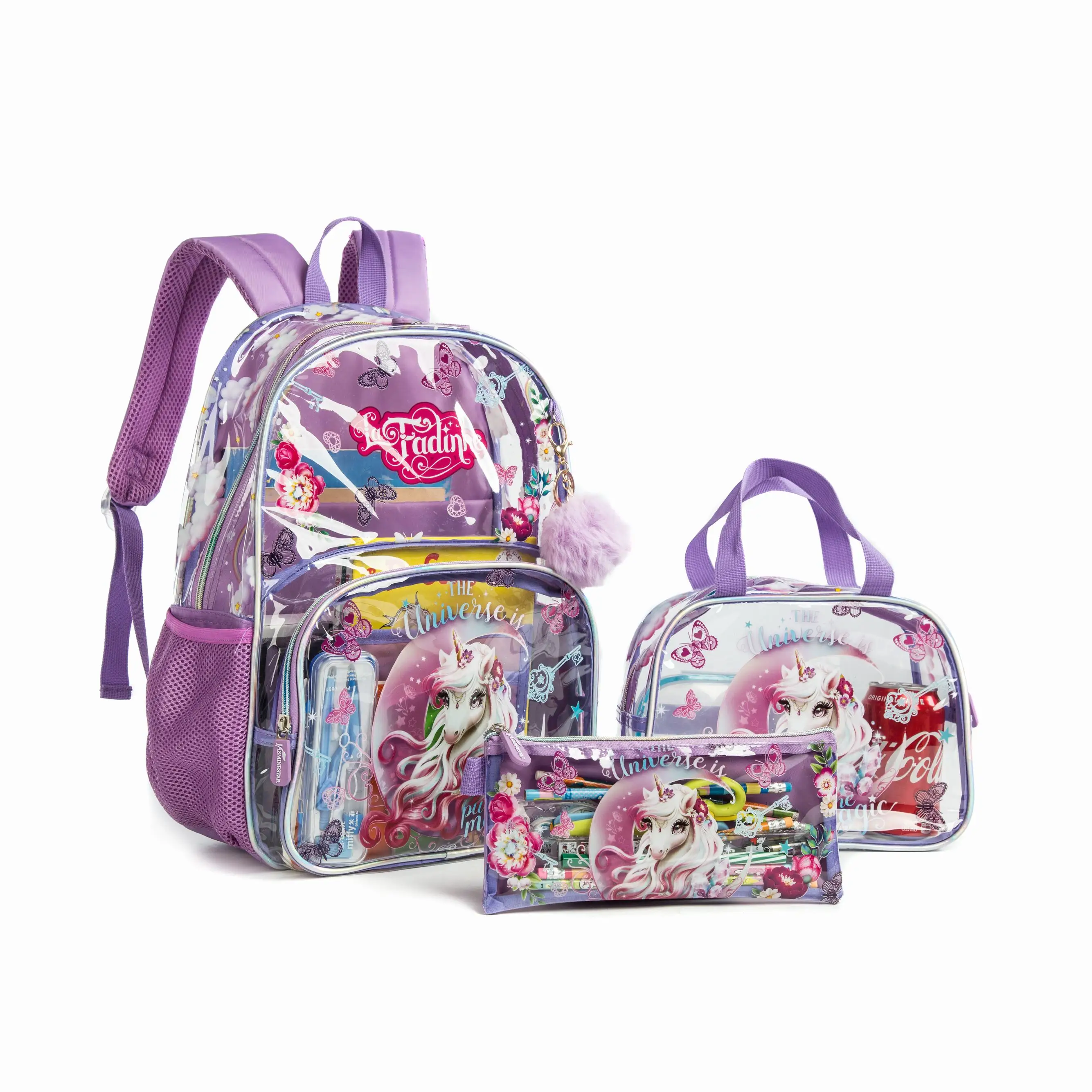 Custom Logo Kids Light Weight Backpack Transparent with Lunch Box PVC for Kids Women Hand Bags Animal Prints High  School Bags