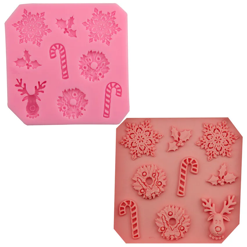 Yiwu bobao funny 9ps cartoon christmas snowflake stick leaves shape sugar mousse cake fondant decoration cookie silicone Molds
