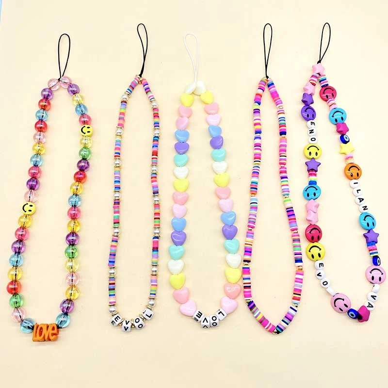 
 Ins New Style Acrylic Letter LOVE Mobile Phone Lanyard Wrist Smiley Soft Ceramic Phone Chain  