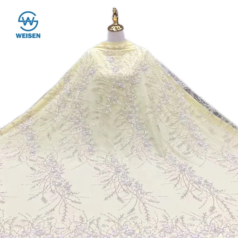 Heavy Industry Bead Embroidery Veil Lace Mesh Fabric Evening Gown Wedding Dress Fabric WS-4091
