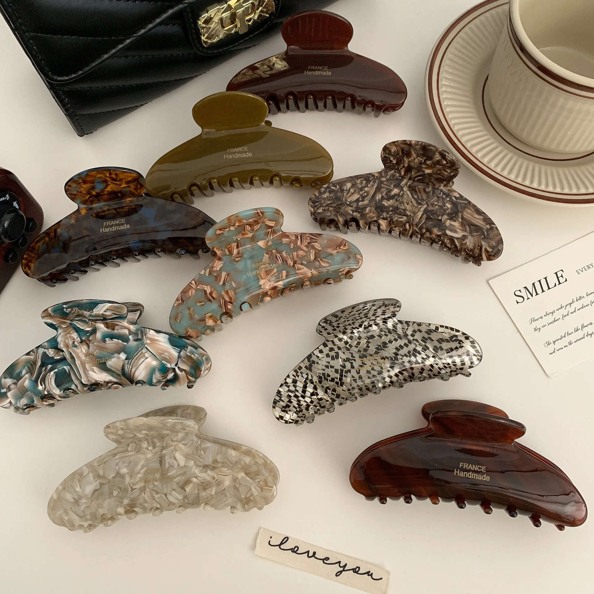 New France Handmade Geometry Large 10.5CM Brown Design Cellulose Acetate Big Hair Claw Clips For Women Girls Hair Accessories