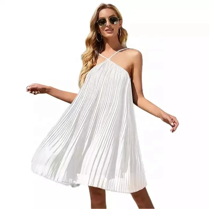 Fashion Design Elegant Casual Summer Beach Dresses Pleated Chiffon Mini Causal Sexy Dresses