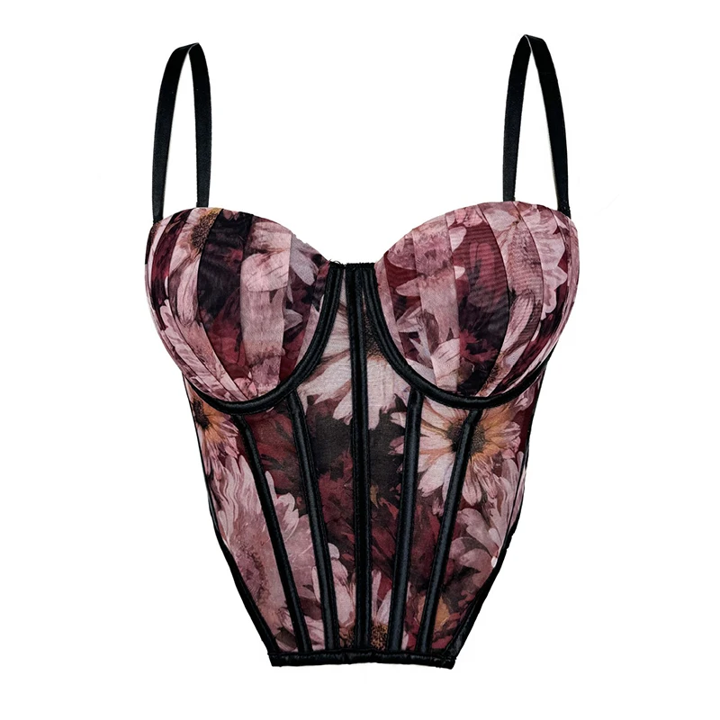 Vintage Oil Painting Floral Print Corset Bustier Boning Overbust Corset Tummy Control Push up Breast Shaper