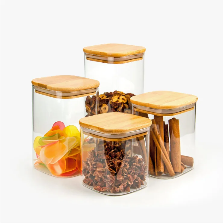 wholesale factory price different sizes square shape borosilicate glass jar with bamboo lid