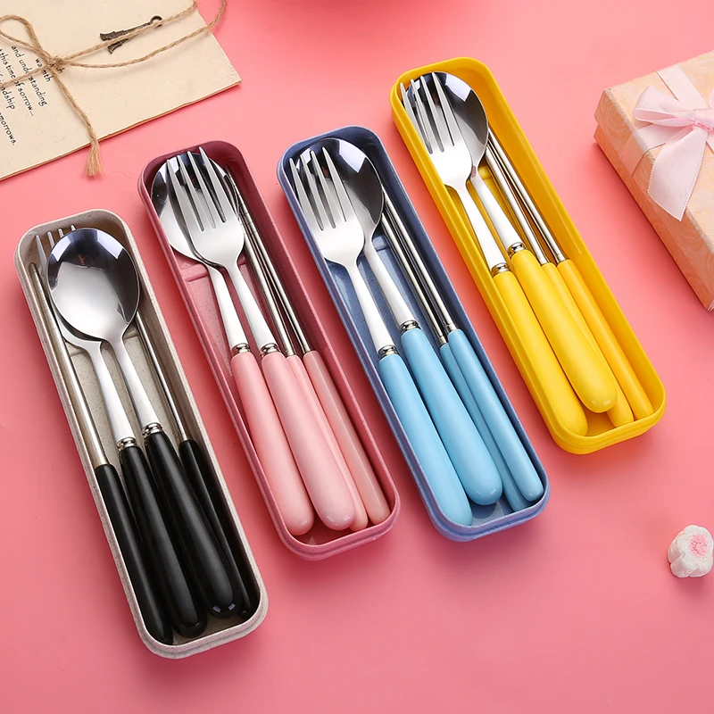 Hot Selling Ceramic Handle Flatware sets Stainless Steel Fork Spoon Chopsticks Portable cutlery three-piece suit