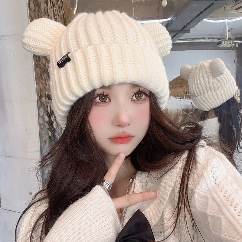 Winter Warm Hat Bear Ears Cute Knitted Animal Beanie Hats Ladies Girl Headwear Cute Wool Knit Cat Hat