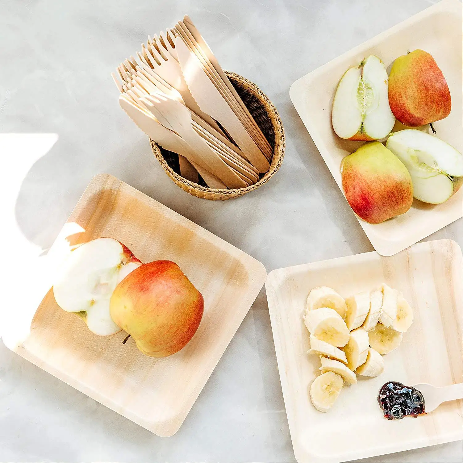 Disposable Biodegradable Palm Leaf Tray with Fork Knife, Natural Areca Palm Leaf Plates Round Square Set