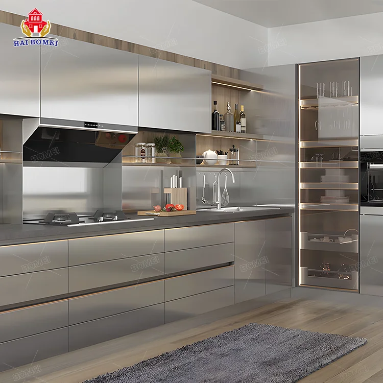 High Gloss foshan complete Set Modular stainless steel Indoor metal china habging ready made aluminum Kitchen Cabinets with sink