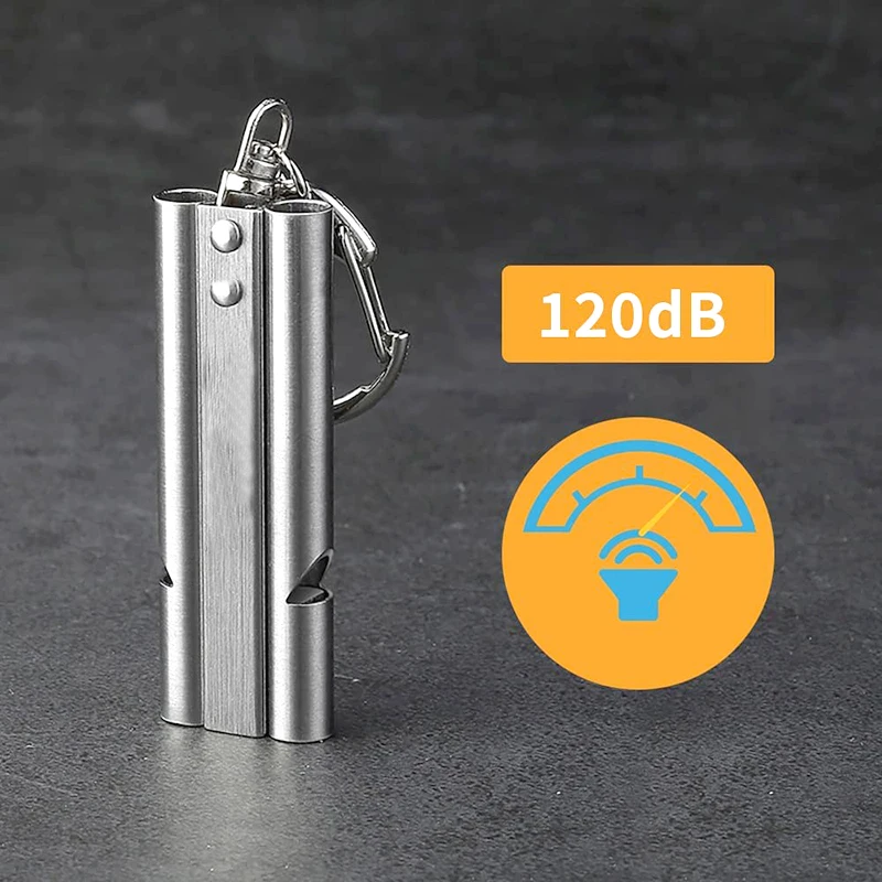 Fishing Training Rescue Stainless Waterproof Emergency Survival Double Tube 120DB Whistle with Lanyard Keychain